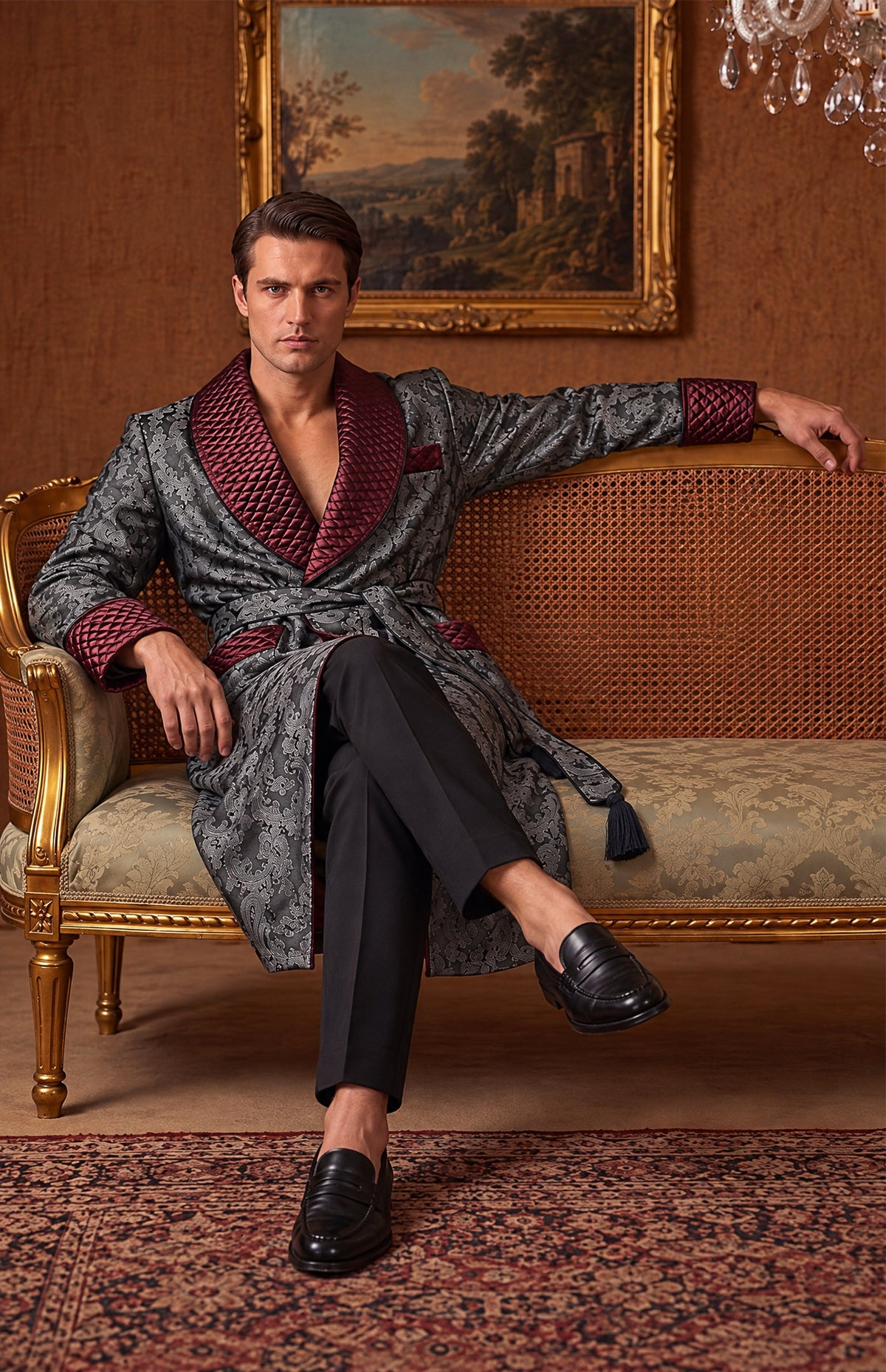 The Pewter Lord | Grey & Burgundy Paisley Jacquard Quilted Robe for Men