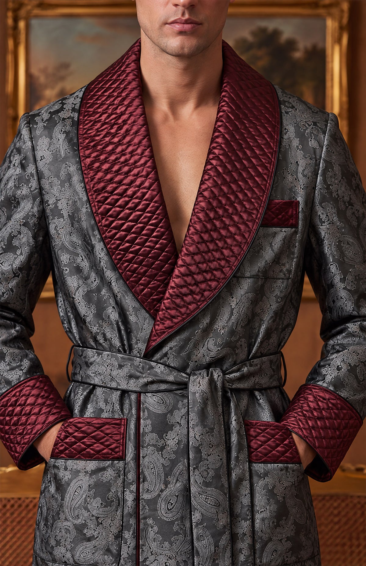 The Pewter Lord | Grey & Burgundy Paisley Jacquard Quilted Robe for Men