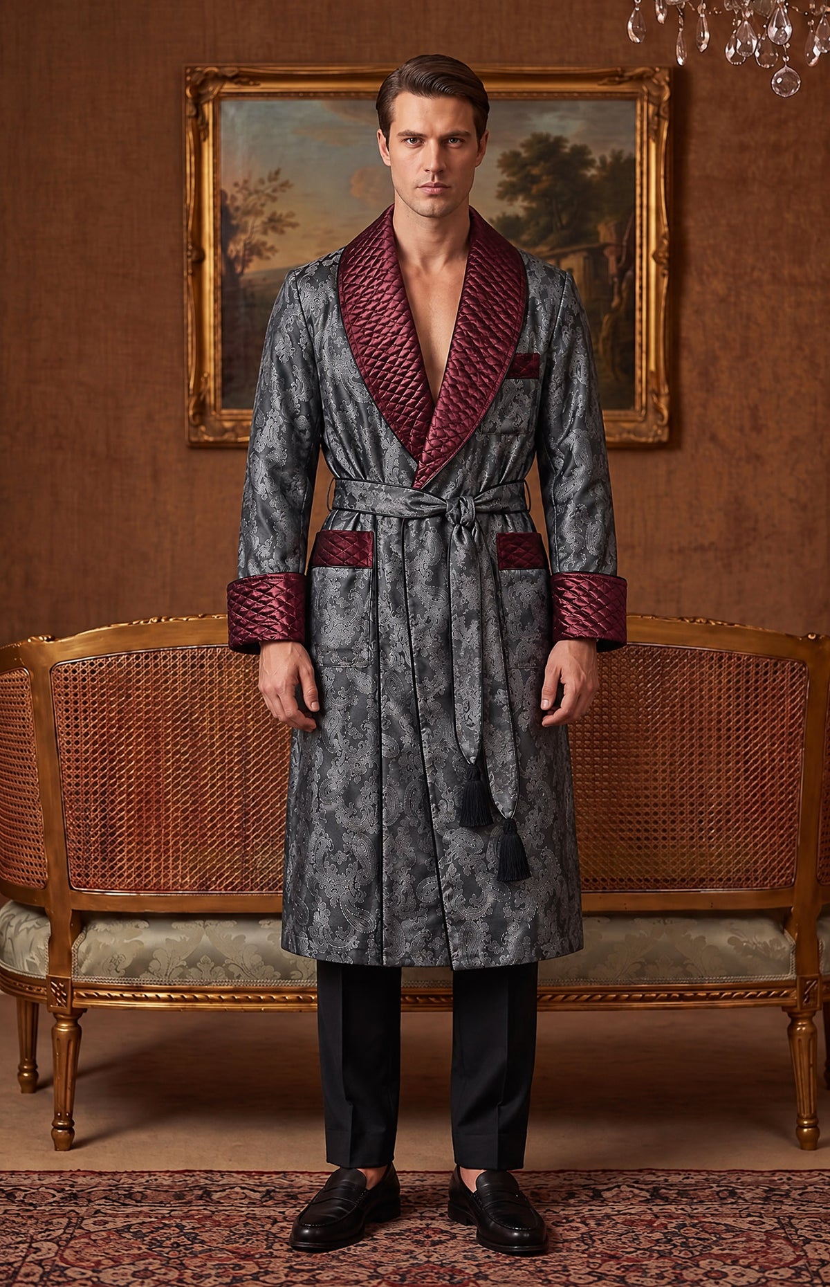 The Pewter Lord | Grey & Burgundy Paisley Jacquard Quilted Robe for Men