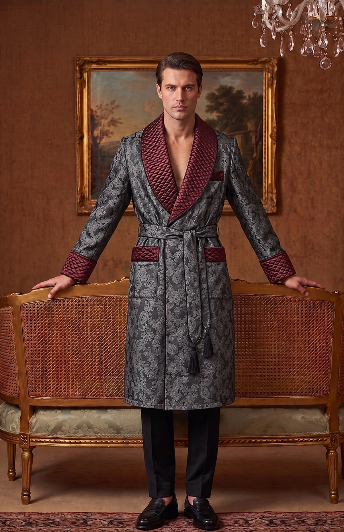 The Pewter Lord | Grey & Burgundy Paisley Jacquard Quilted Robe for Men
