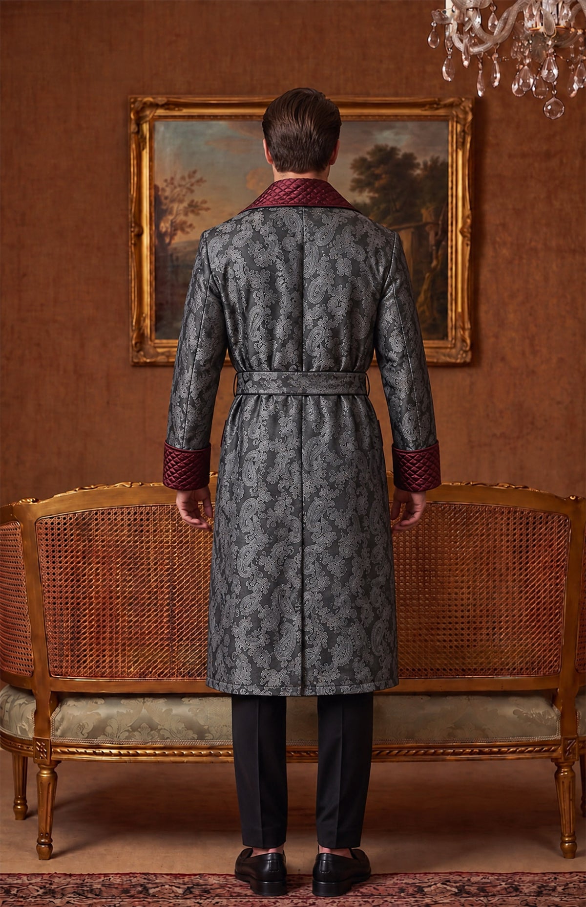 The Pewter Lord | Grey & Burgundy Paisley Jacquard Quilted Robe for Men