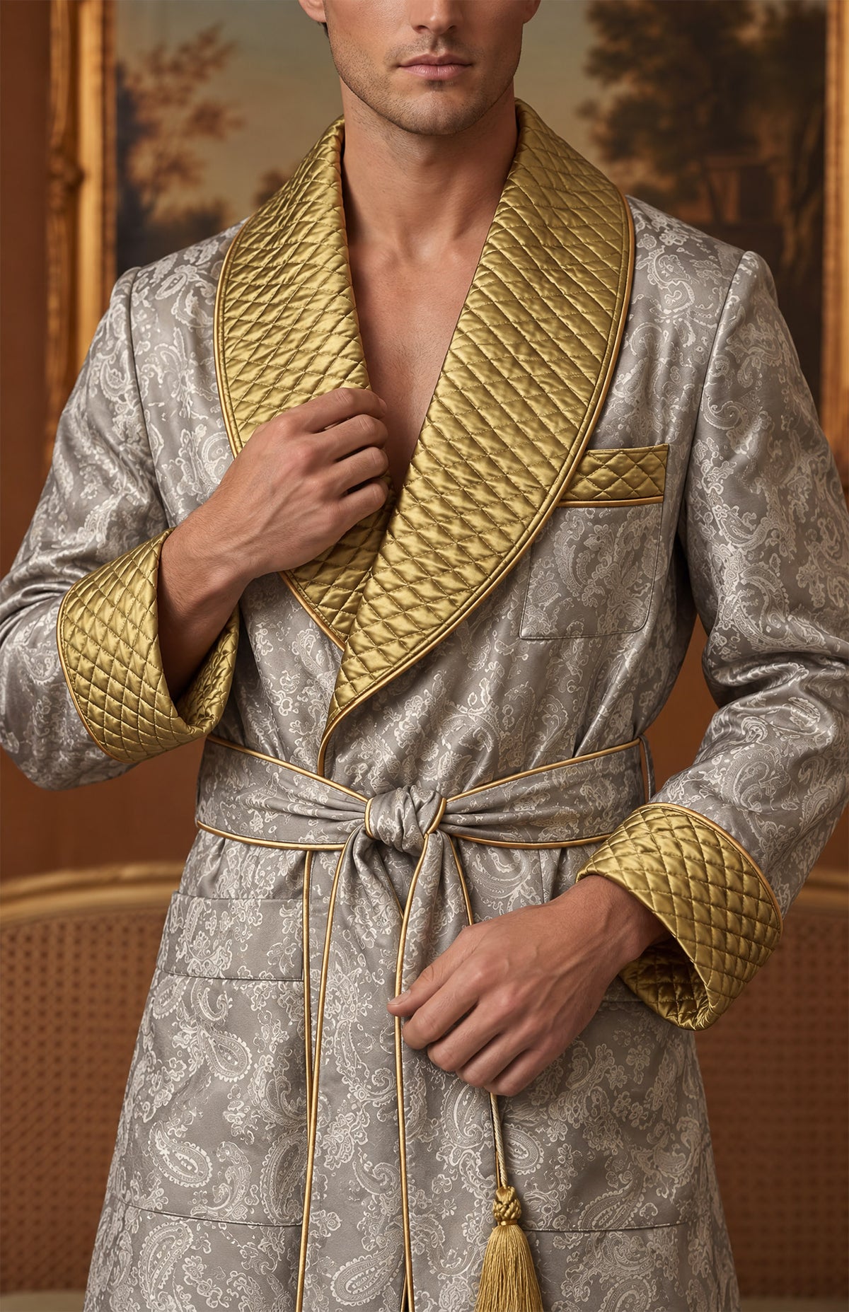 The Platinum Patron | Beige & Gold Paisley Jacquard Quilted Robe for Men