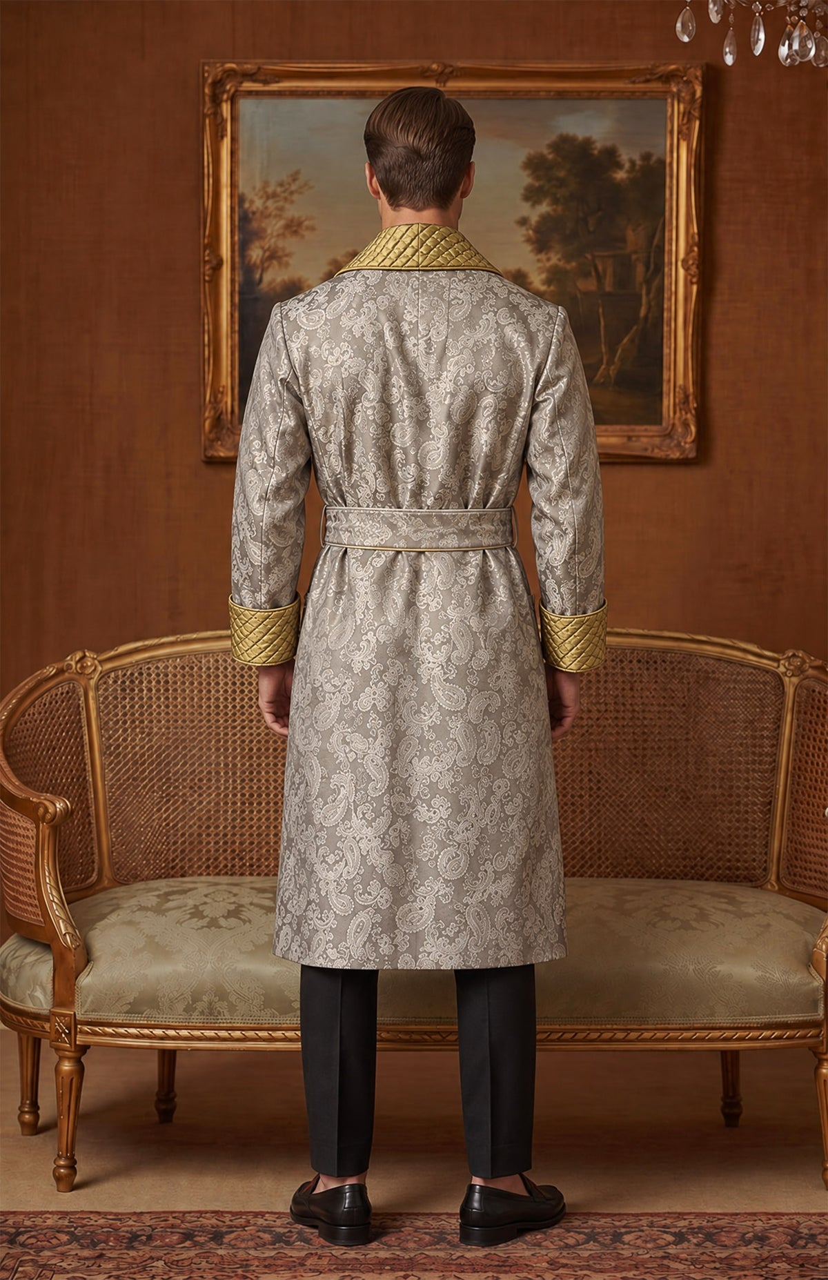 The Platinum Patron | Beige & Gold Paisley Jacquard Quilted Robe for Men