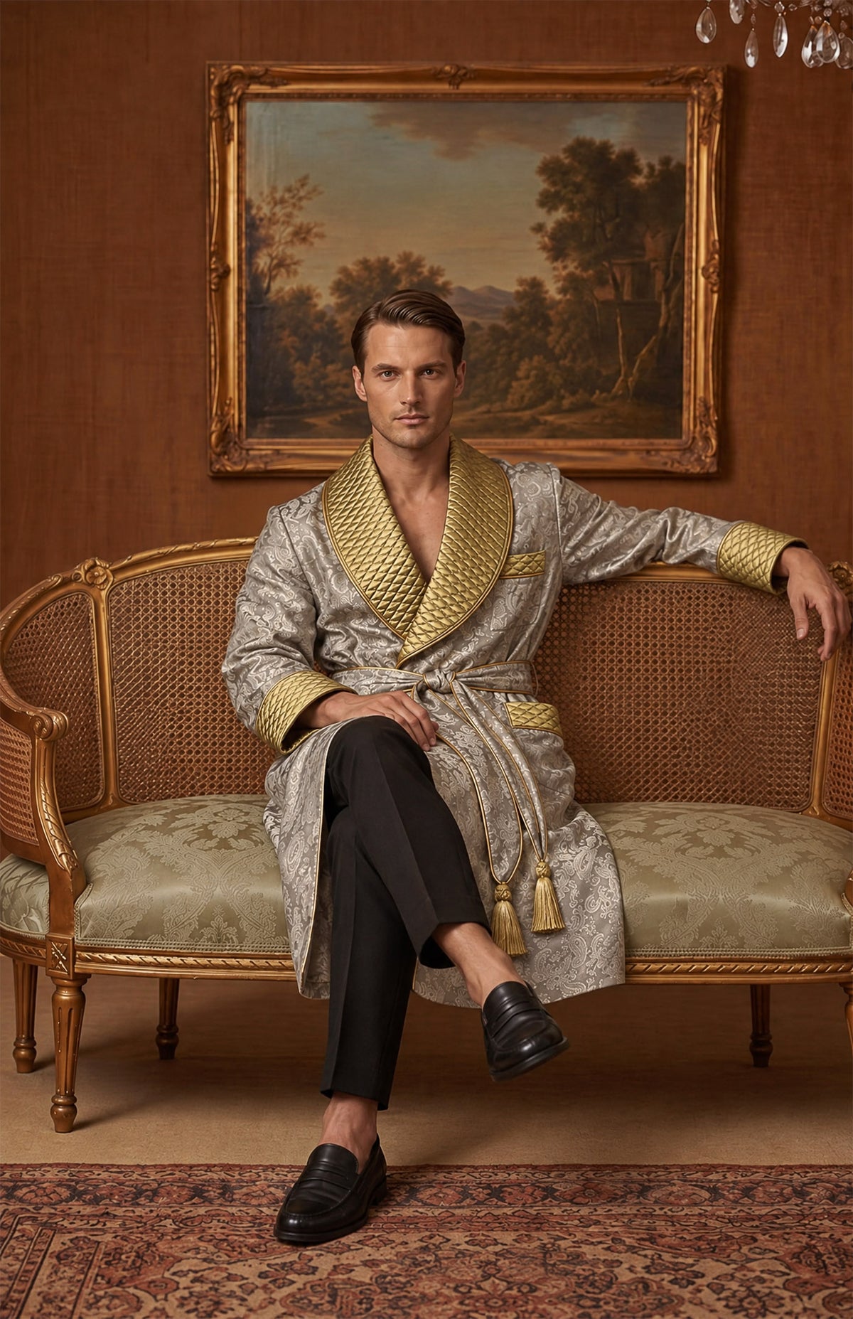 The Platinum Patron | Beige & Gold Paisley Jacquard Quilted Robe for Men