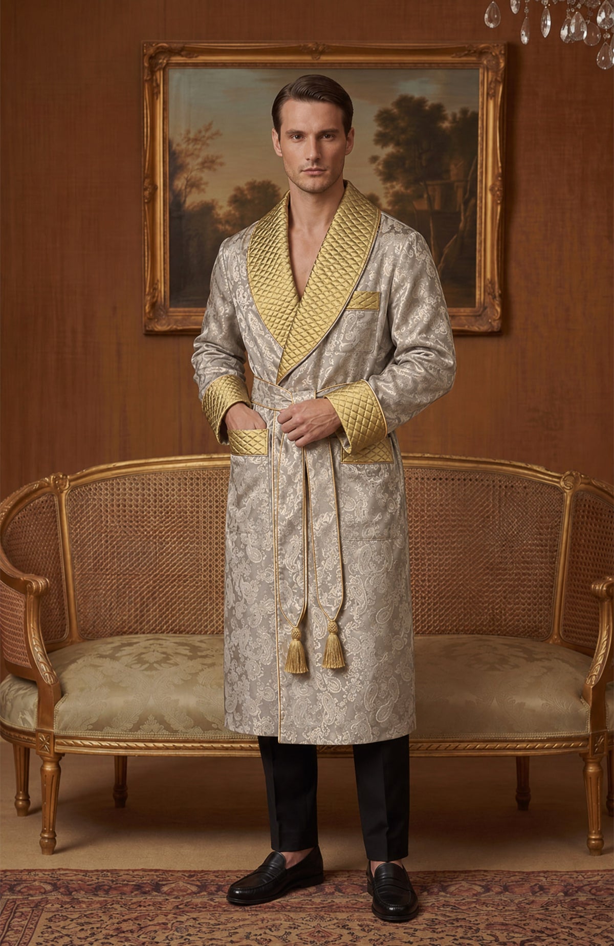 The Platinum Patron | Beige & Gold Paisley Jacquard Quilted Robe for Men