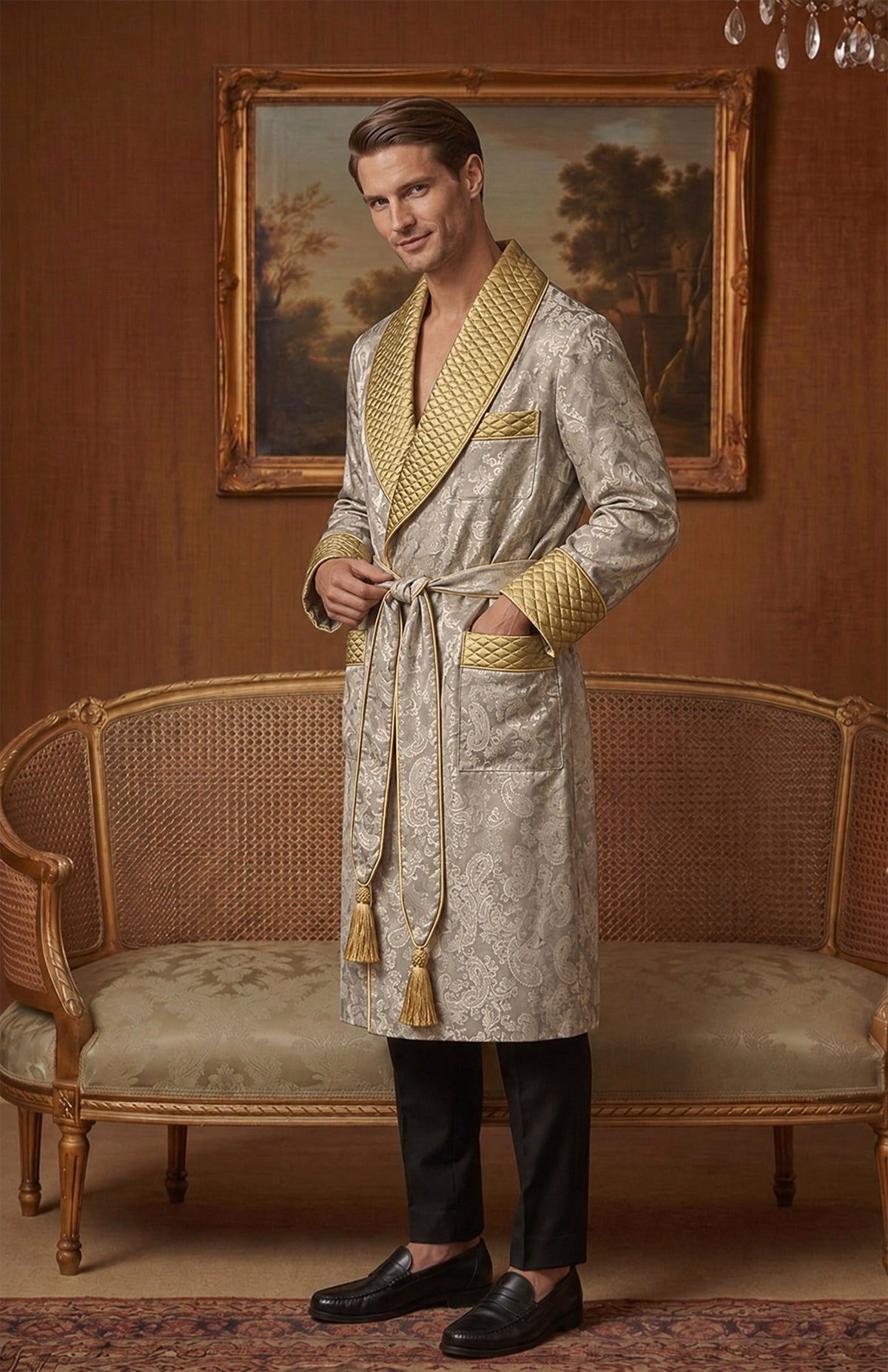The Platinum Patron | Beige & Gold Paisley Jacquard Quilted Robe for Men
