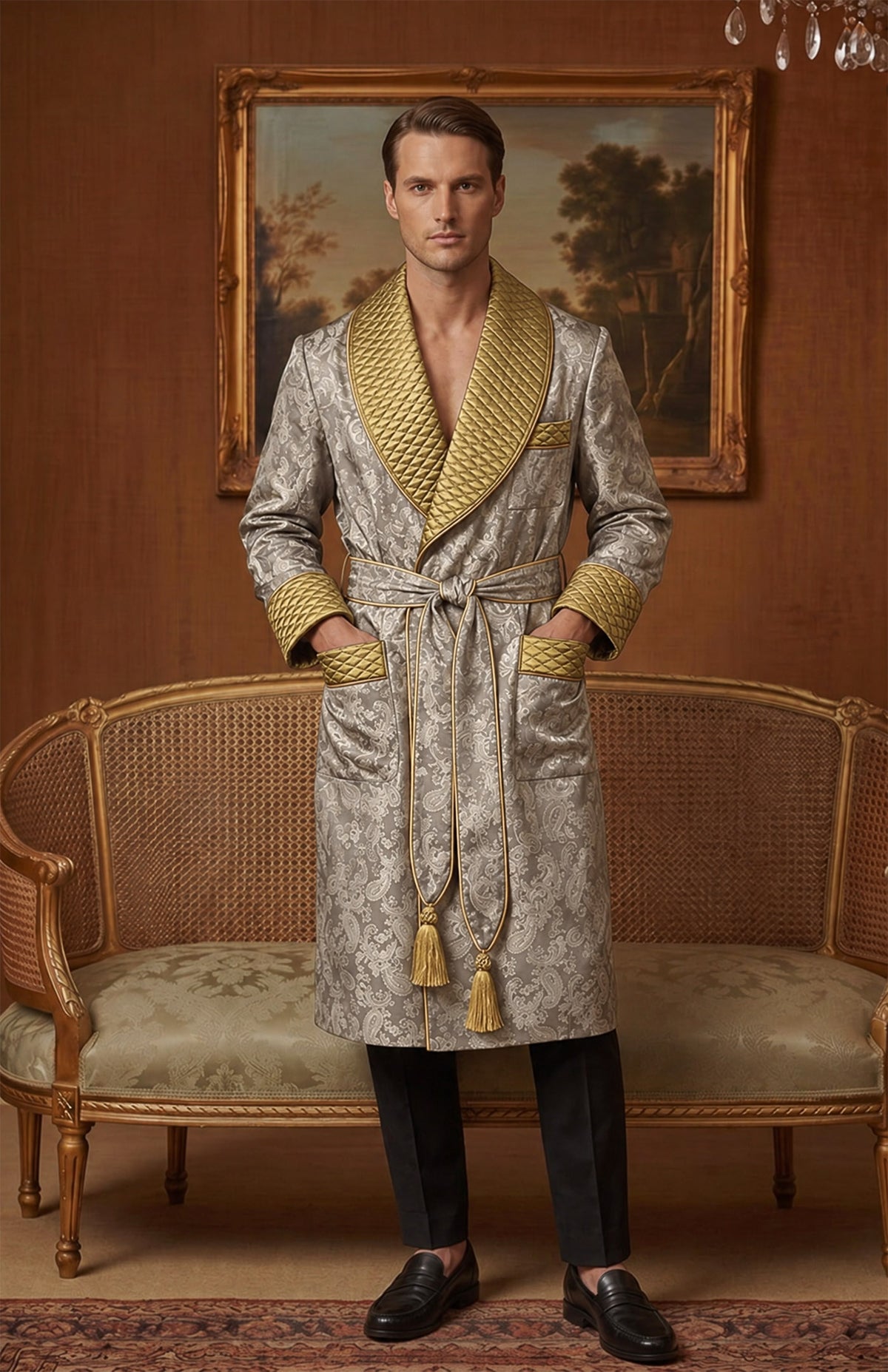 The Platinum Patron | Beige & Gold Paisley Jacquard Quilted Robe for Men