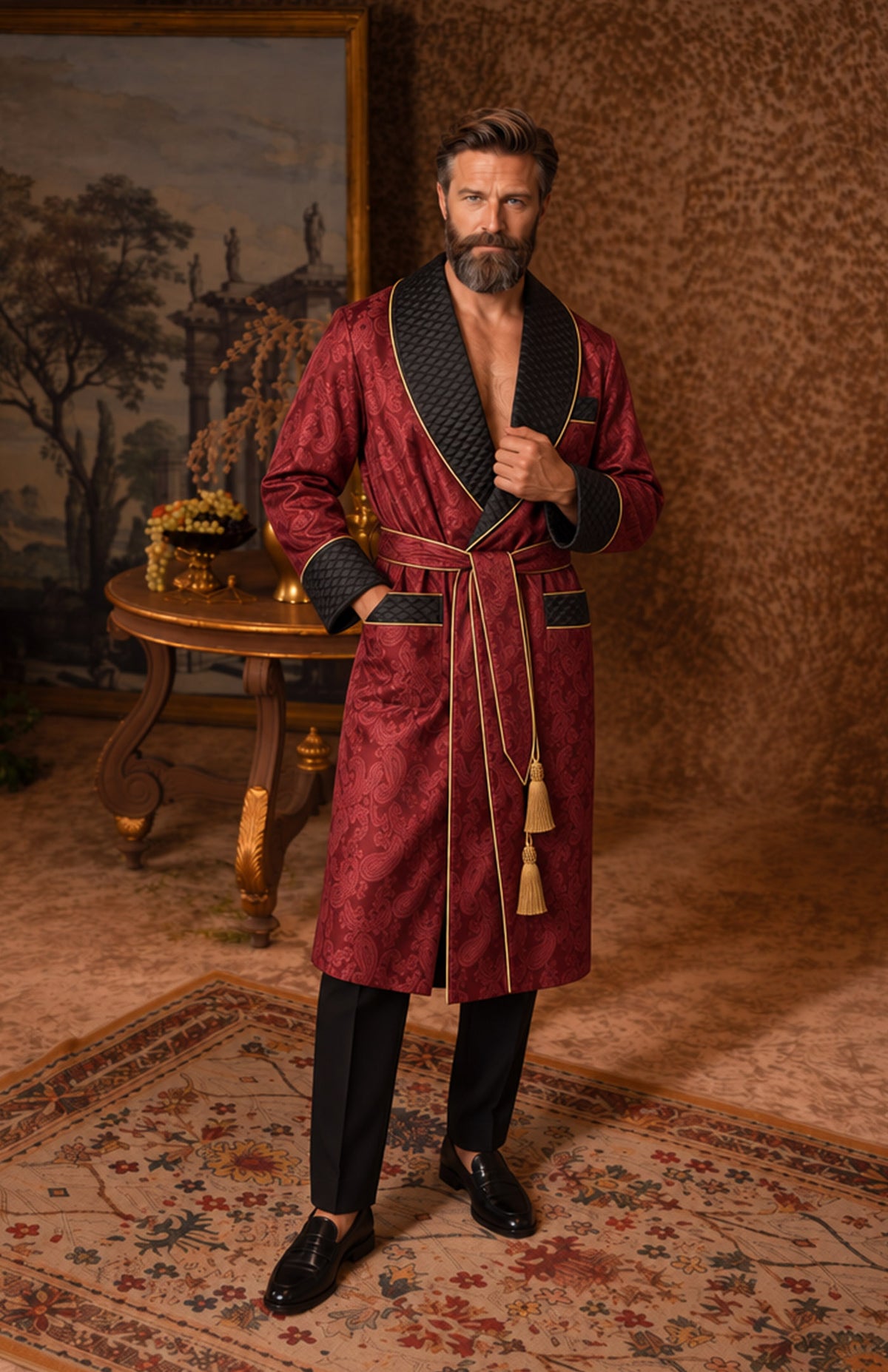 The Ruby Count | Red & Black Paisley Jacquard Quilted Robe for Men