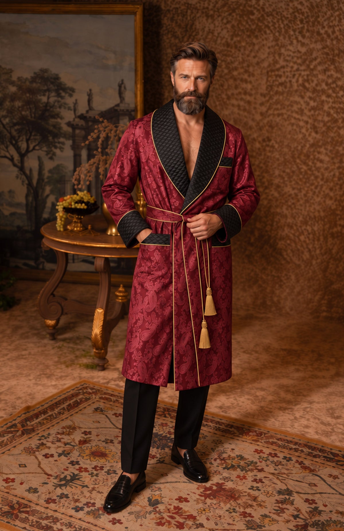 The Ruby Count | Red & Black Paisley Jacquard Quilted Robe for Men