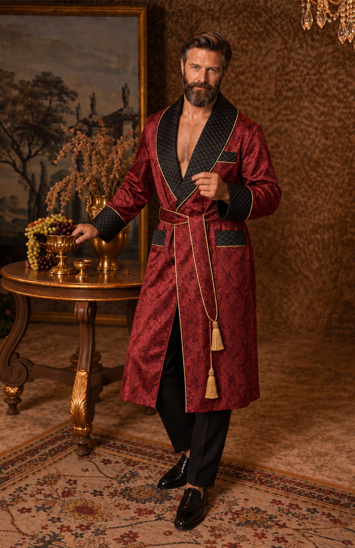 The Ruby Count | Red & Black Paisley Jacquard Quilted Robe for Men