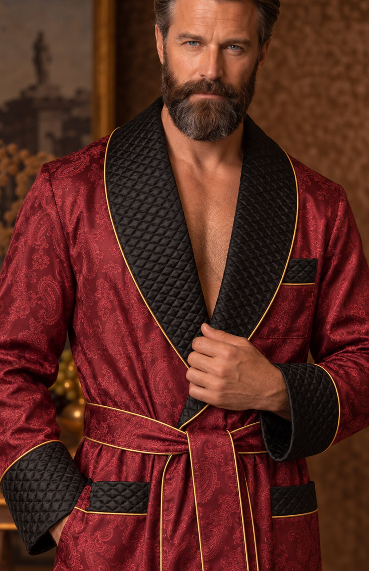 The Ruby Count | Red & Black Paisley Jacquard Quilted Robe for Men
