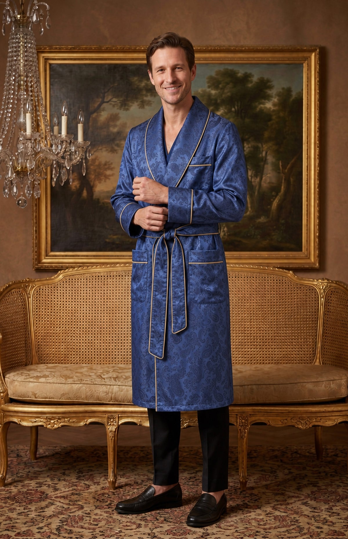 The Sapphire Parlour | Royal Blue Paisley Jacquard Shawl Collar Robe for Men