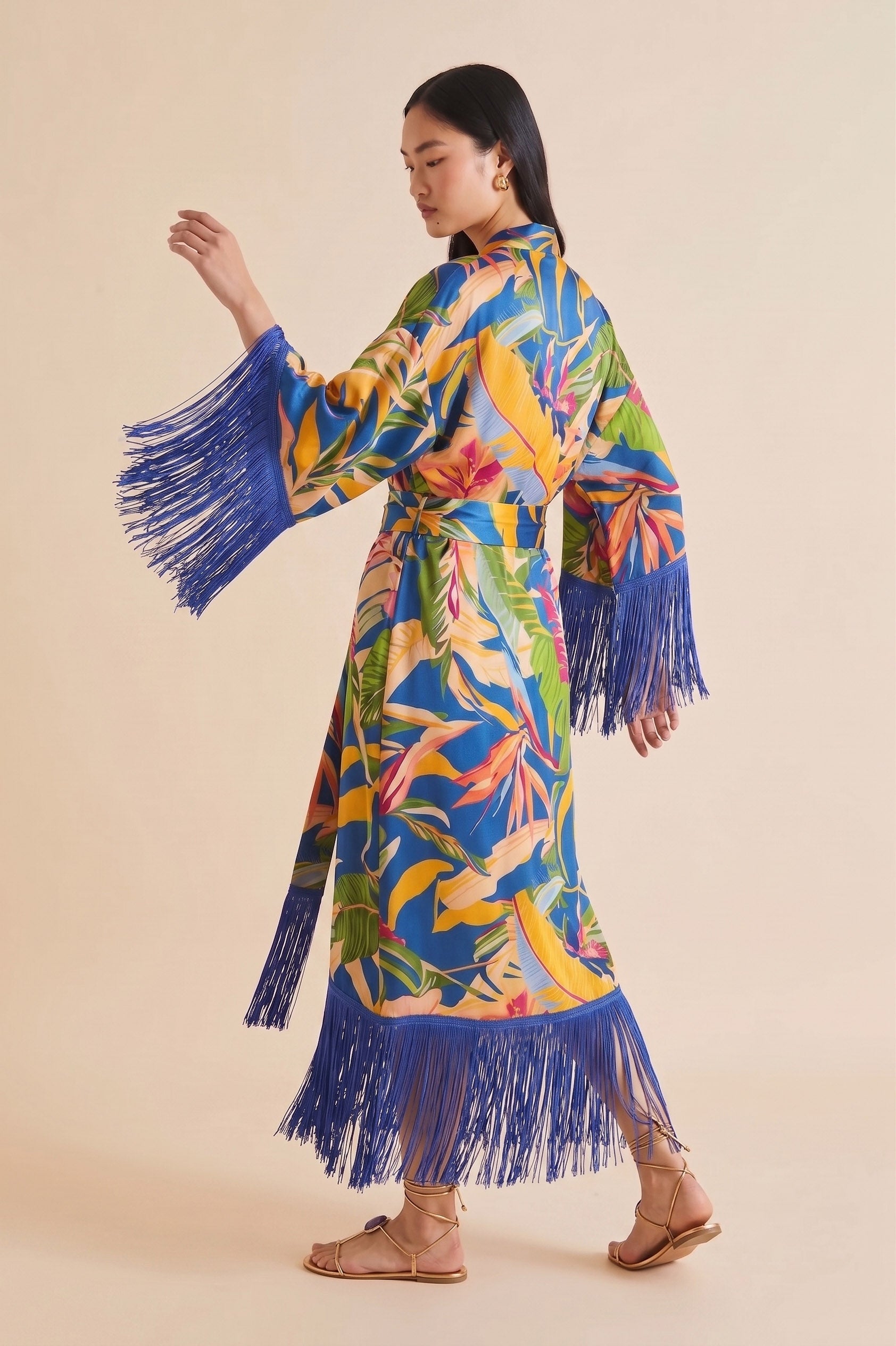 Tropical Paradise | Luxury Fringed Botanical Satin Long Robe