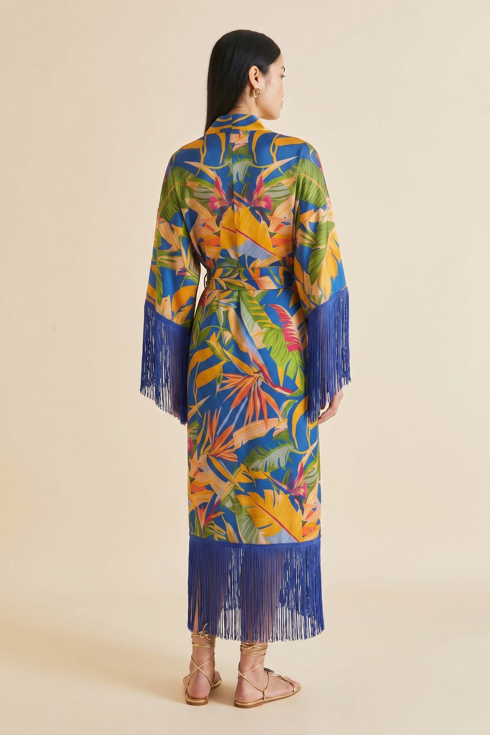 Tropical Paradise | Luxury Fringed Botanical Satin Long Robe