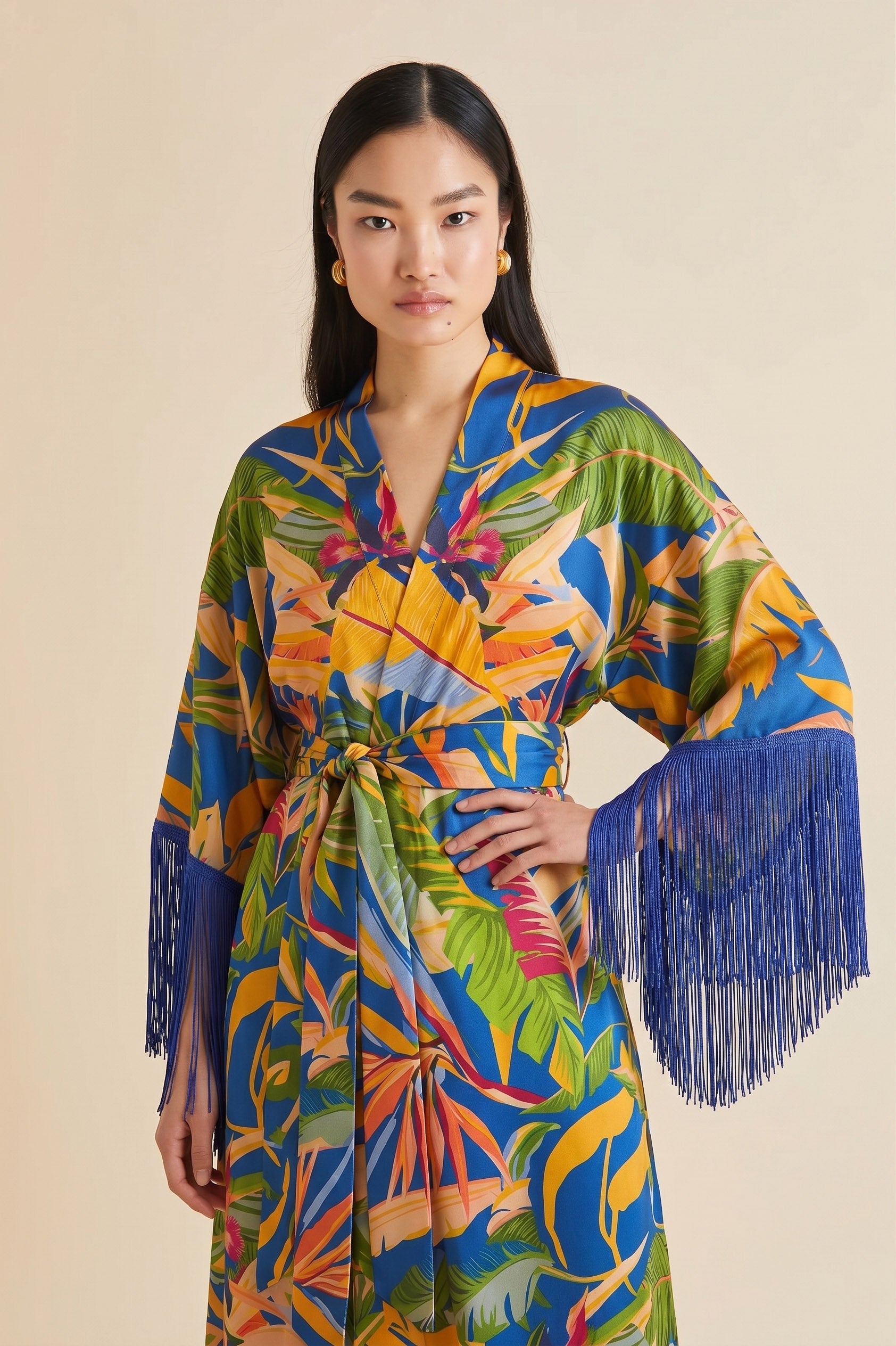 Tropical Paradise | Luxury Fringed Botanical Satin Long Robe