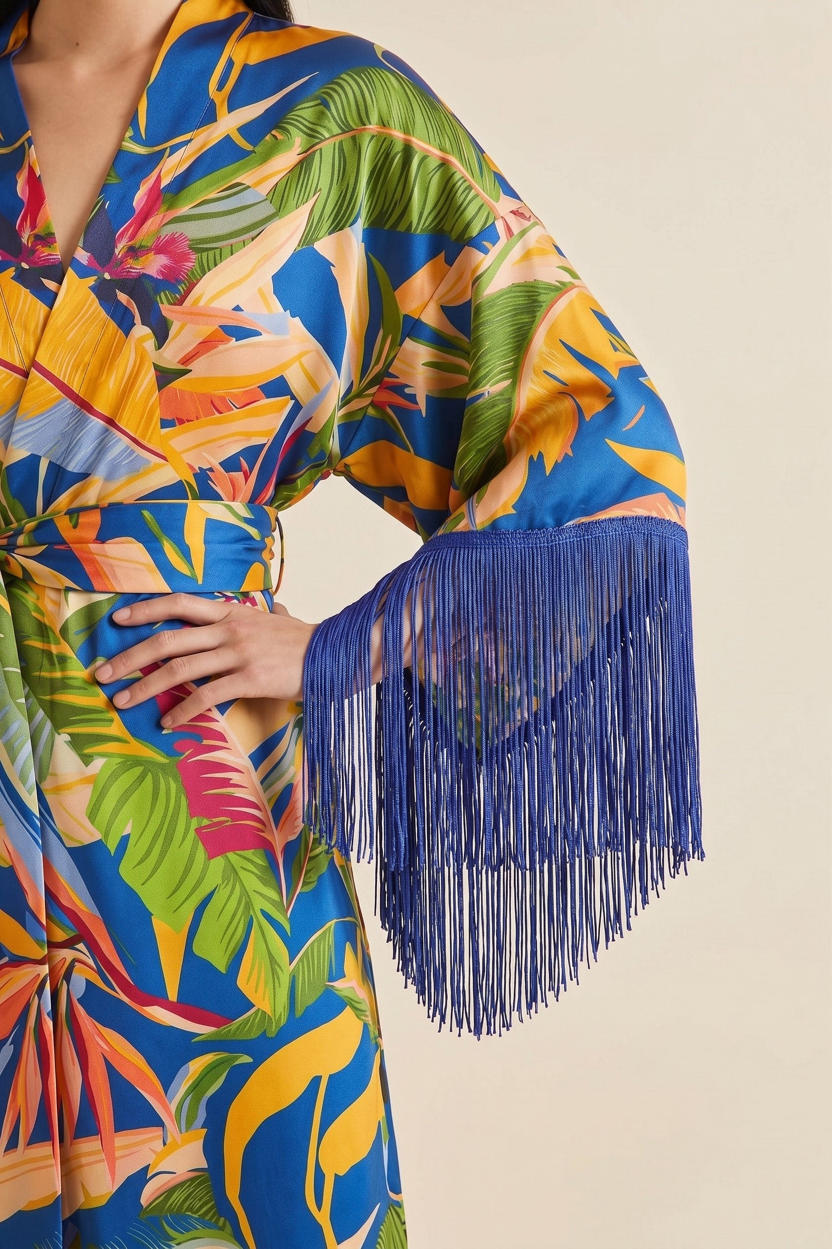 Tropical Paradise | Luxury Fringed Botanical Satin Long Robe