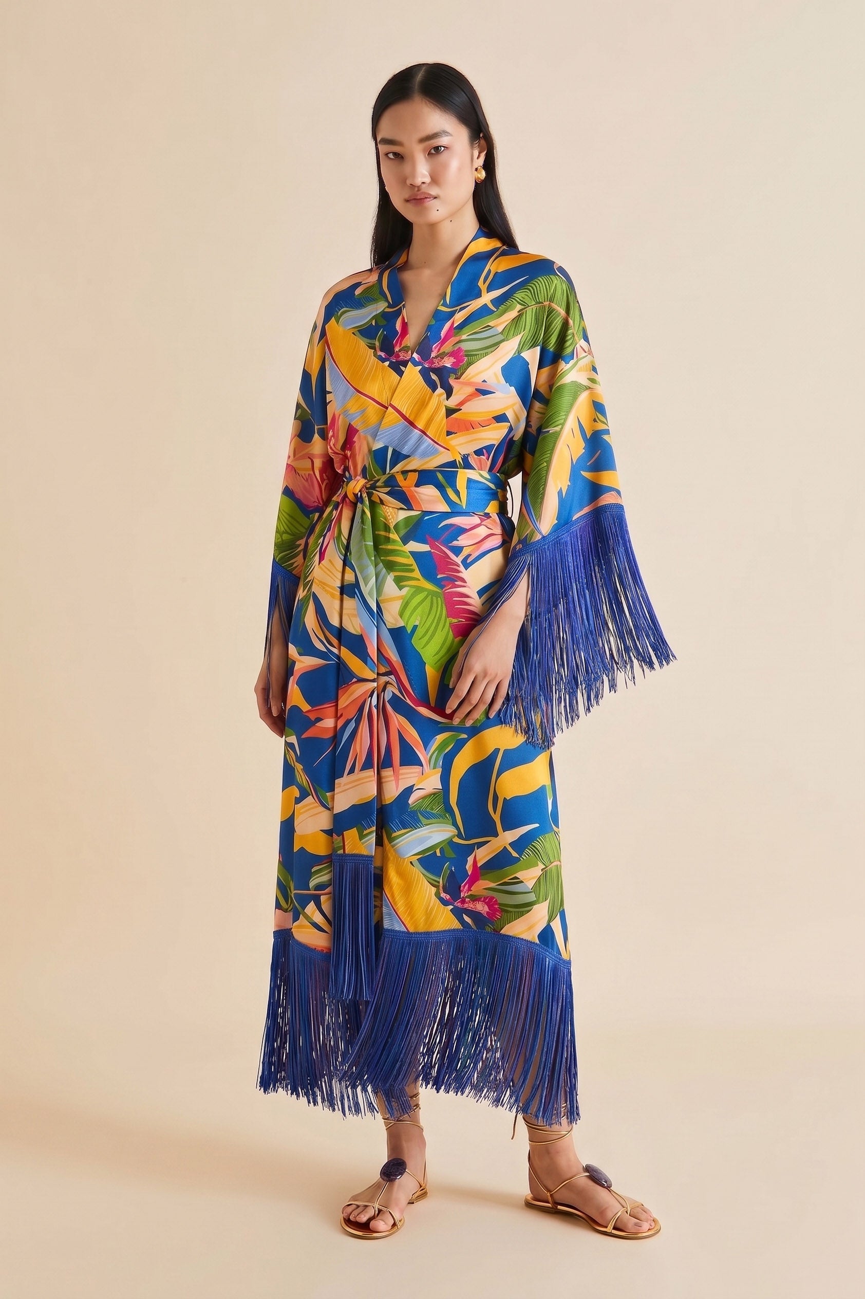 Tropical Paradise | Luxury Fringed Botanical Satin Long Robe