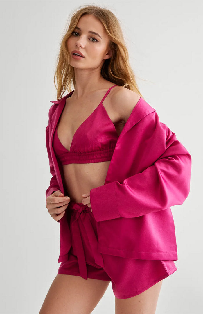 Pink Luna Luxe 3-Piece Satin Set Shirt, Bralette & Shorts Nightwear