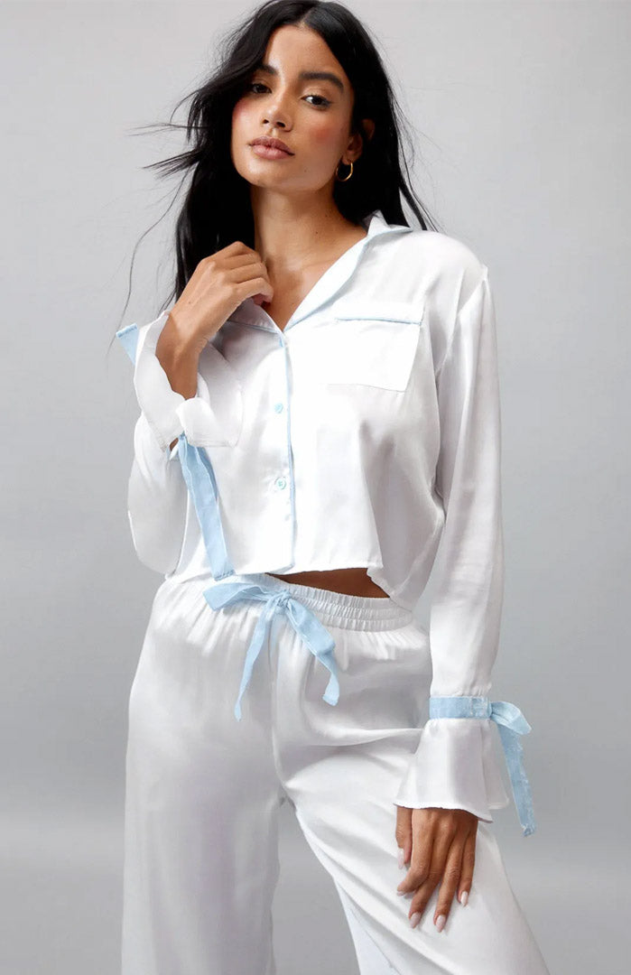 White-Blue Bella Bow | Satin Loungewear Set