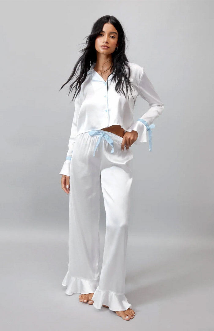 White-Blue Bella Bow | Satin Loungewear Set