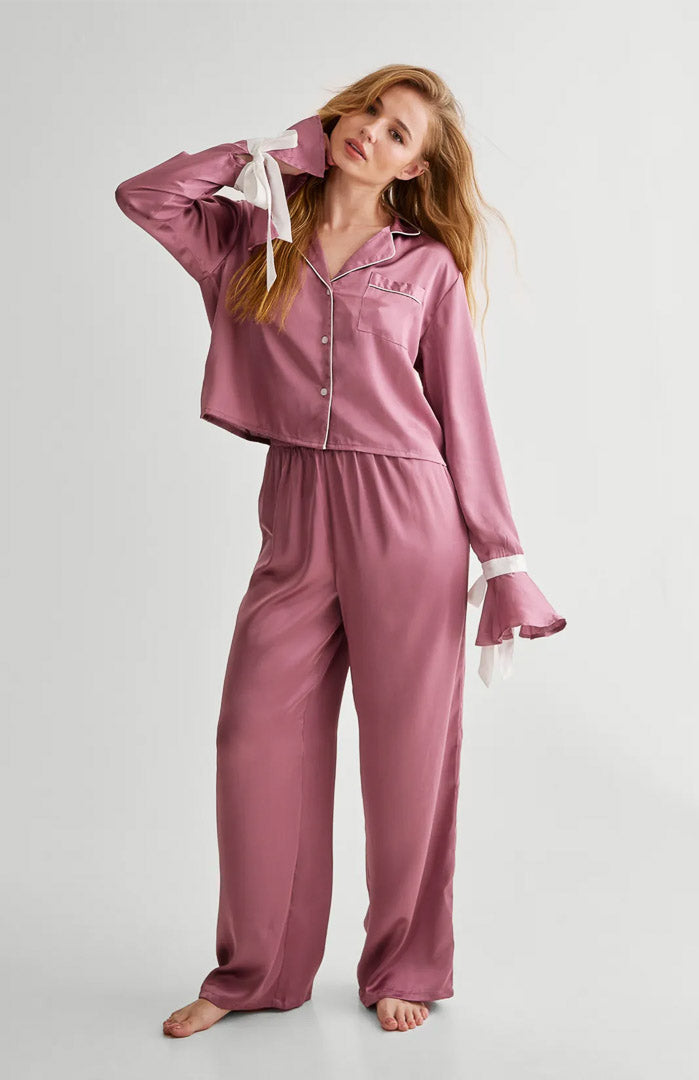 Blushing Pink Bella Bow | Satin Loungewear Set