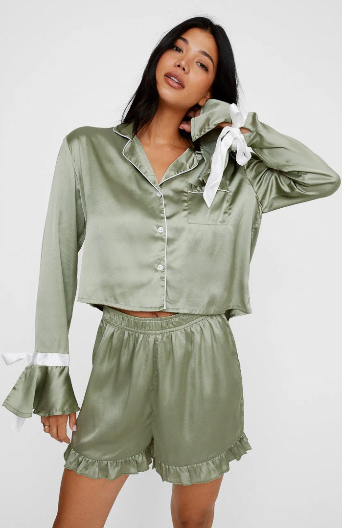 Green Bella Bow Satin Set | Shirt and Shorts
