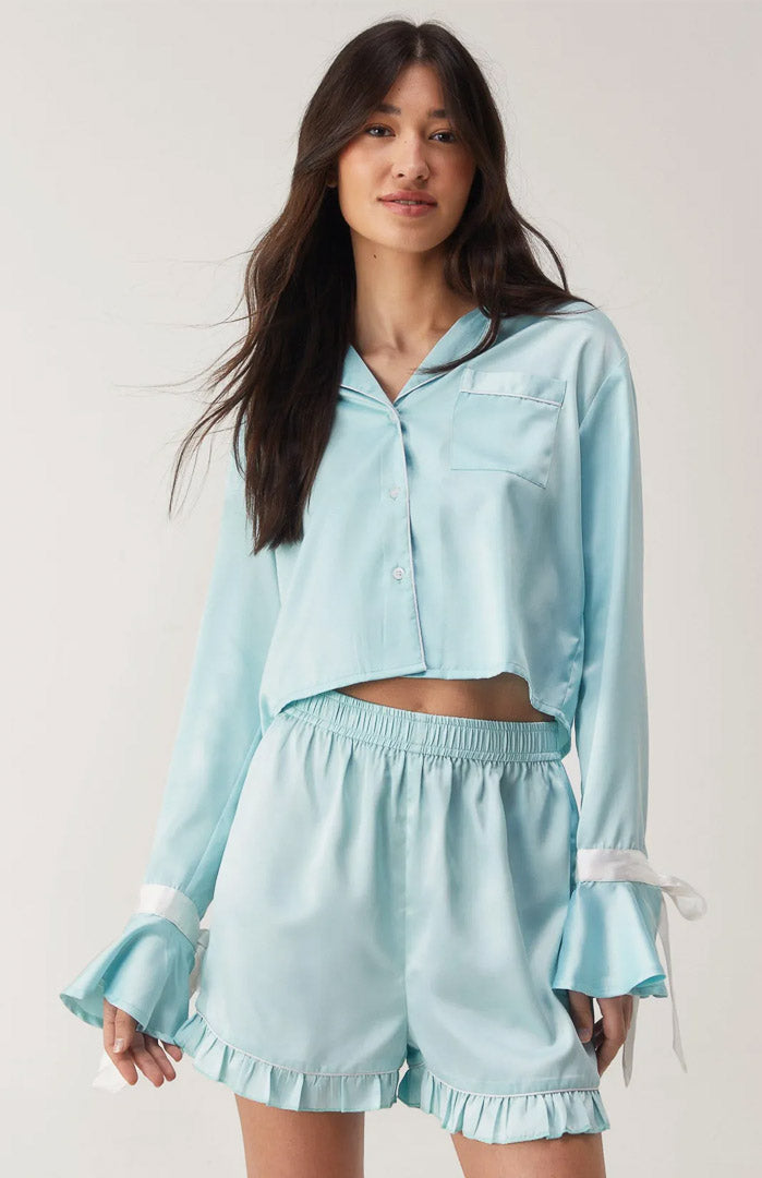 Blue Bella Bow Satin Set | Shirt and Shorts