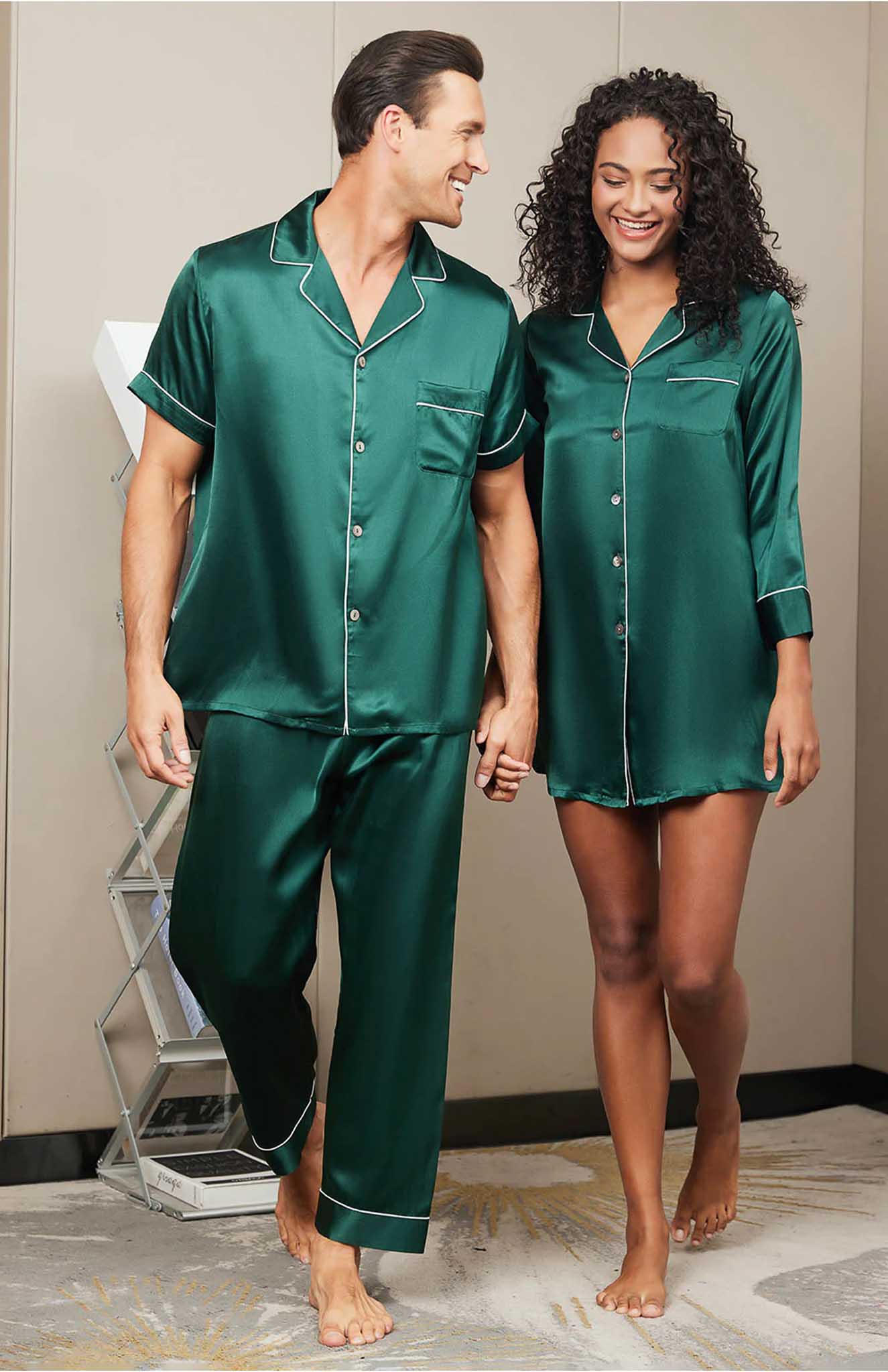 Loving Embrace | Green Satin Loungewear Set For Couples