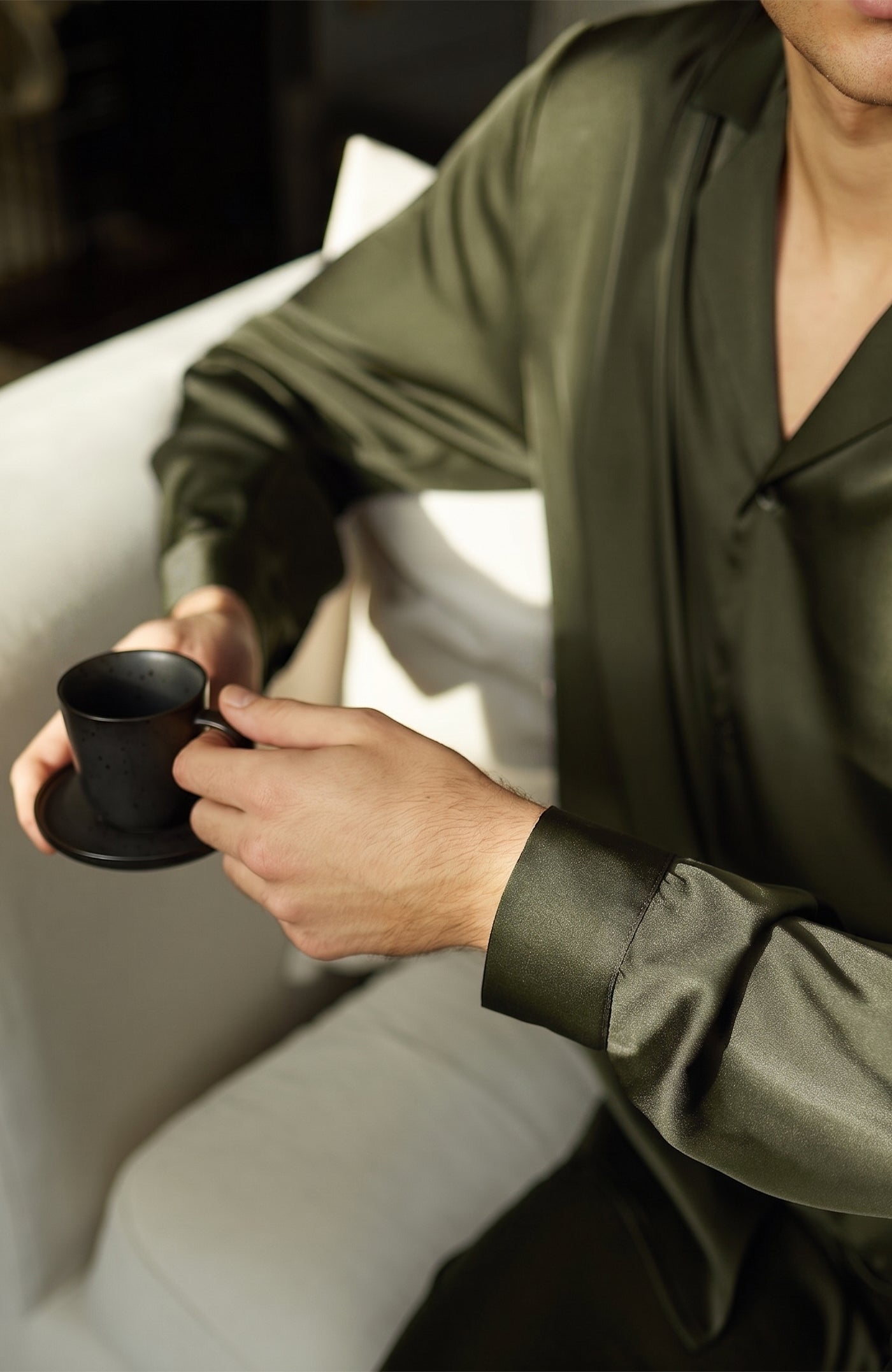 Olive Overlord | Men’s Ultra-Luxury Olive Green Satin Loungewear Set