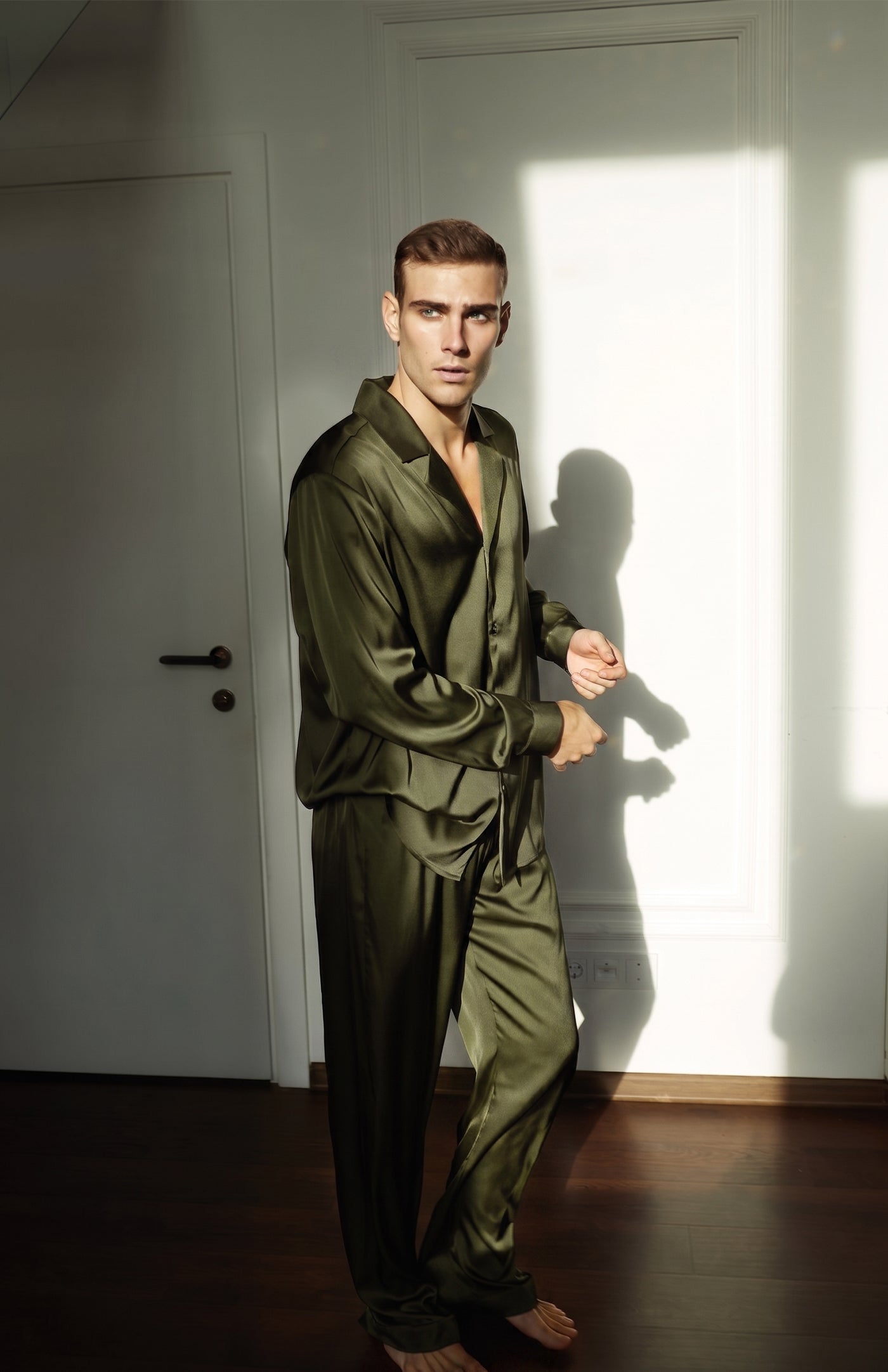 Olive Overlord | Men’s Ultra-Luxury Olive Green Satin Loungewear Set