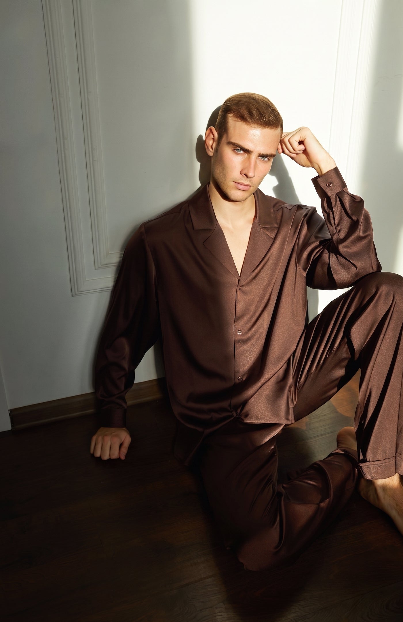 Bronze Dynasty | Men’s Ultra-Luxury Espresso Brown Satin Loungewear Set
