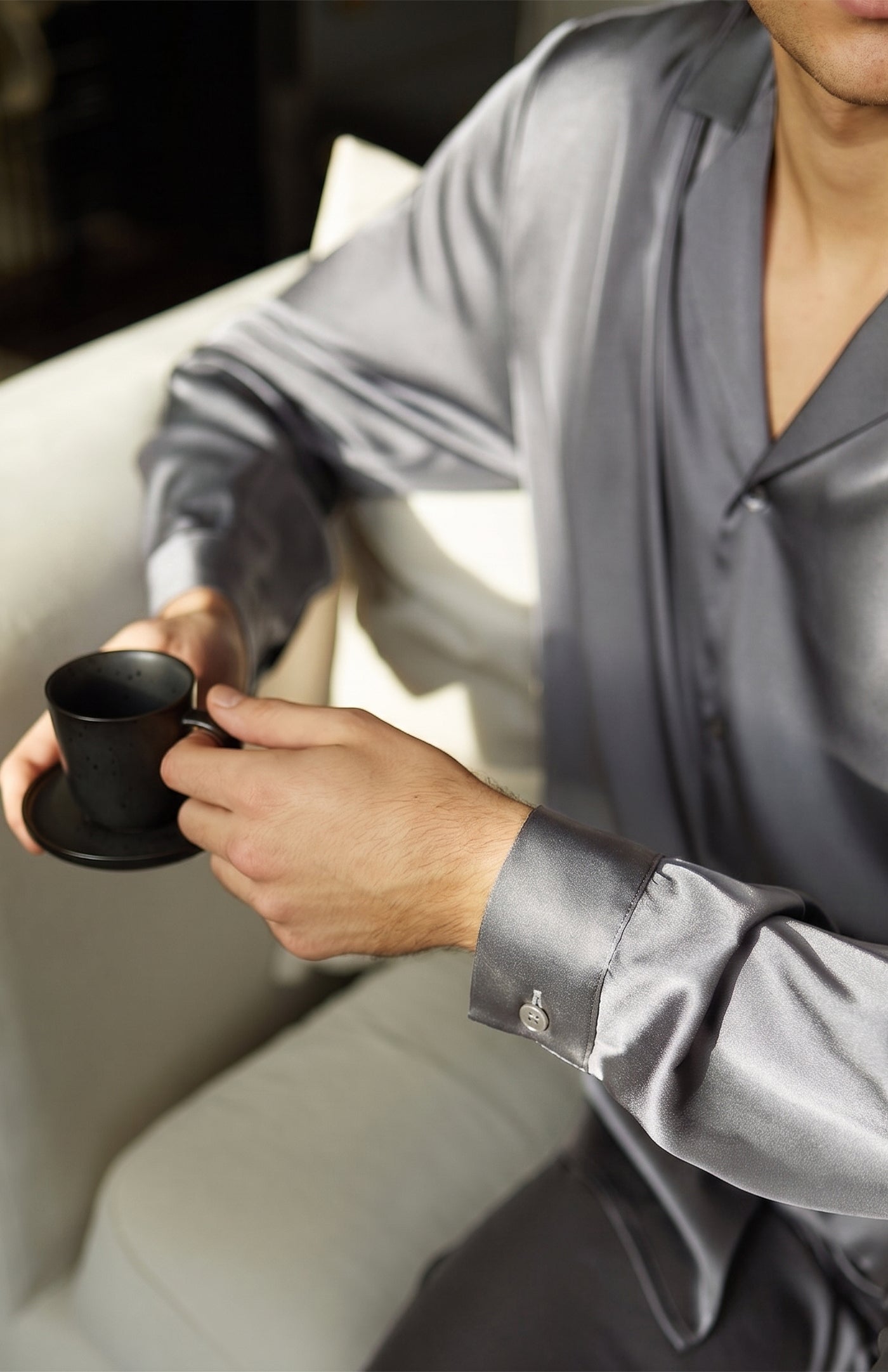 Silver Sovereign | Men’s Platinum Silver Satin Loungewear Set