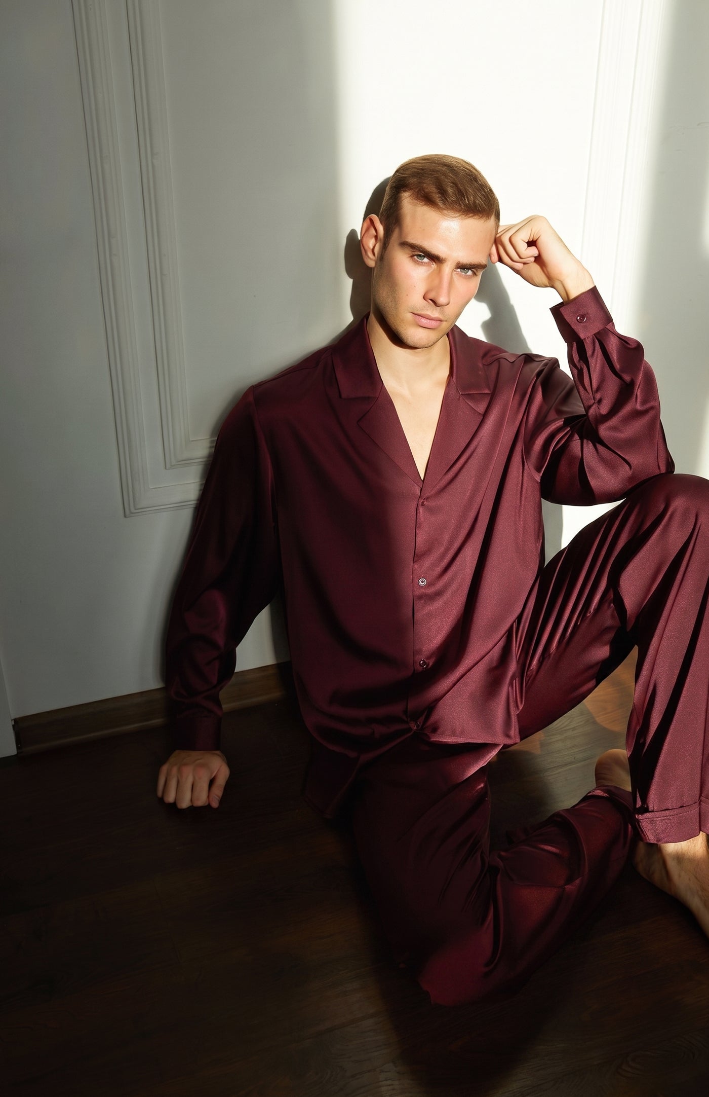 Crimson Dynasty | Men’s Luxury Wine Red Satin Loungewear Set