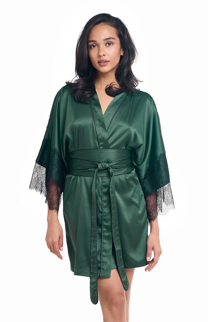 Gorgeous Green | Short Romantic Lacy Satin Robe