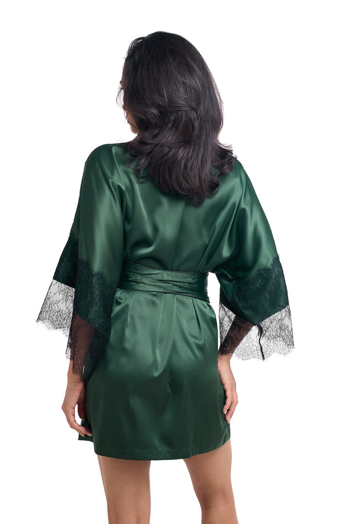 Gorgeous Green | Short Romantic Lacy Satin Robe