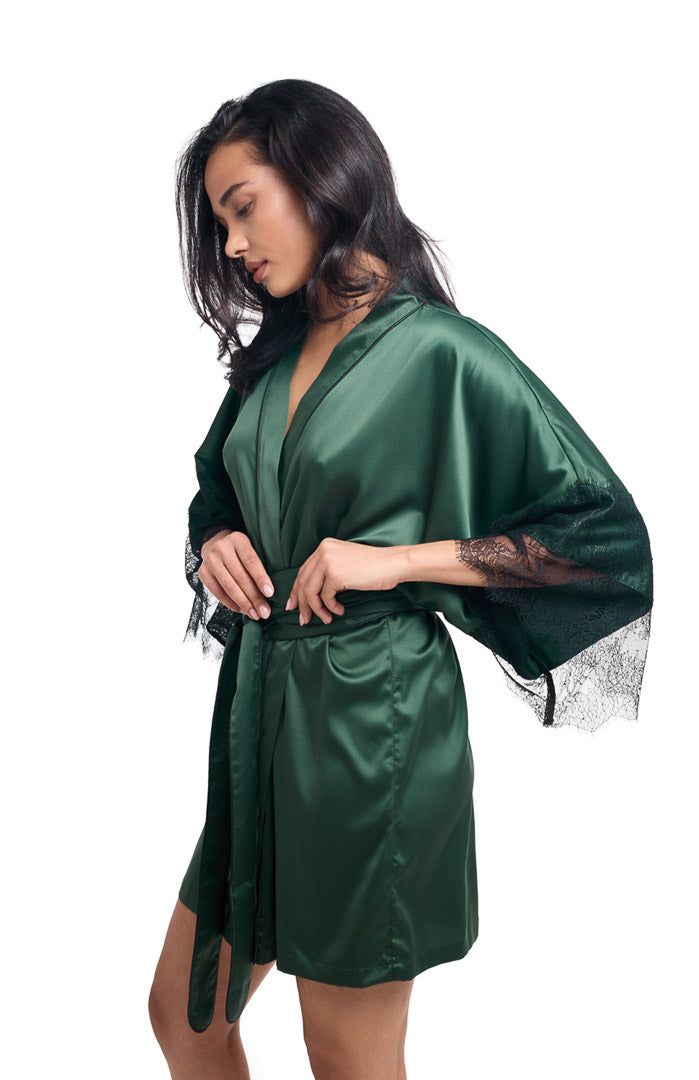 Gorgeous Green | Short Romantic Lacy Satin Robe