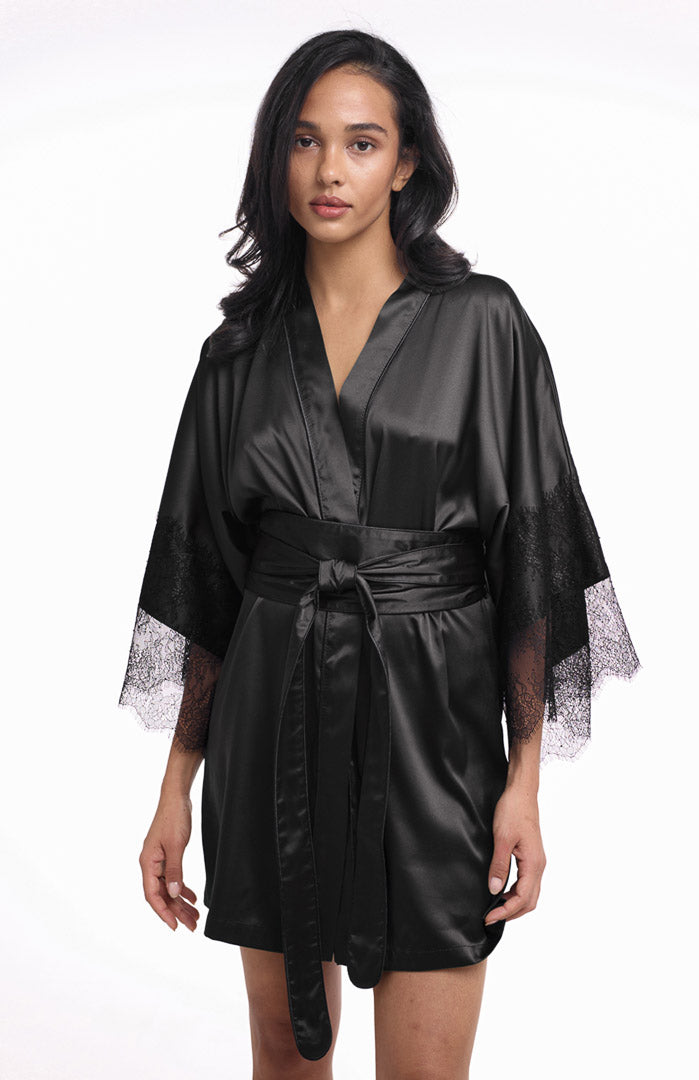 Romantic Short Robe Lacy Hearts | Short Black Romantic Lacy Satin Robe