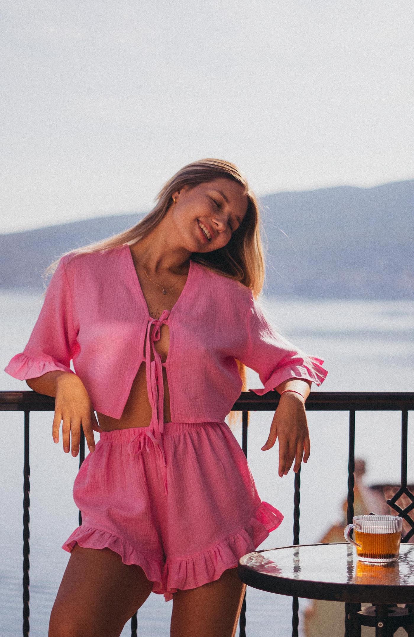 Rosé Reverie | 100% Cotton Muslin Pink Ruffle Co-ord Set for Women