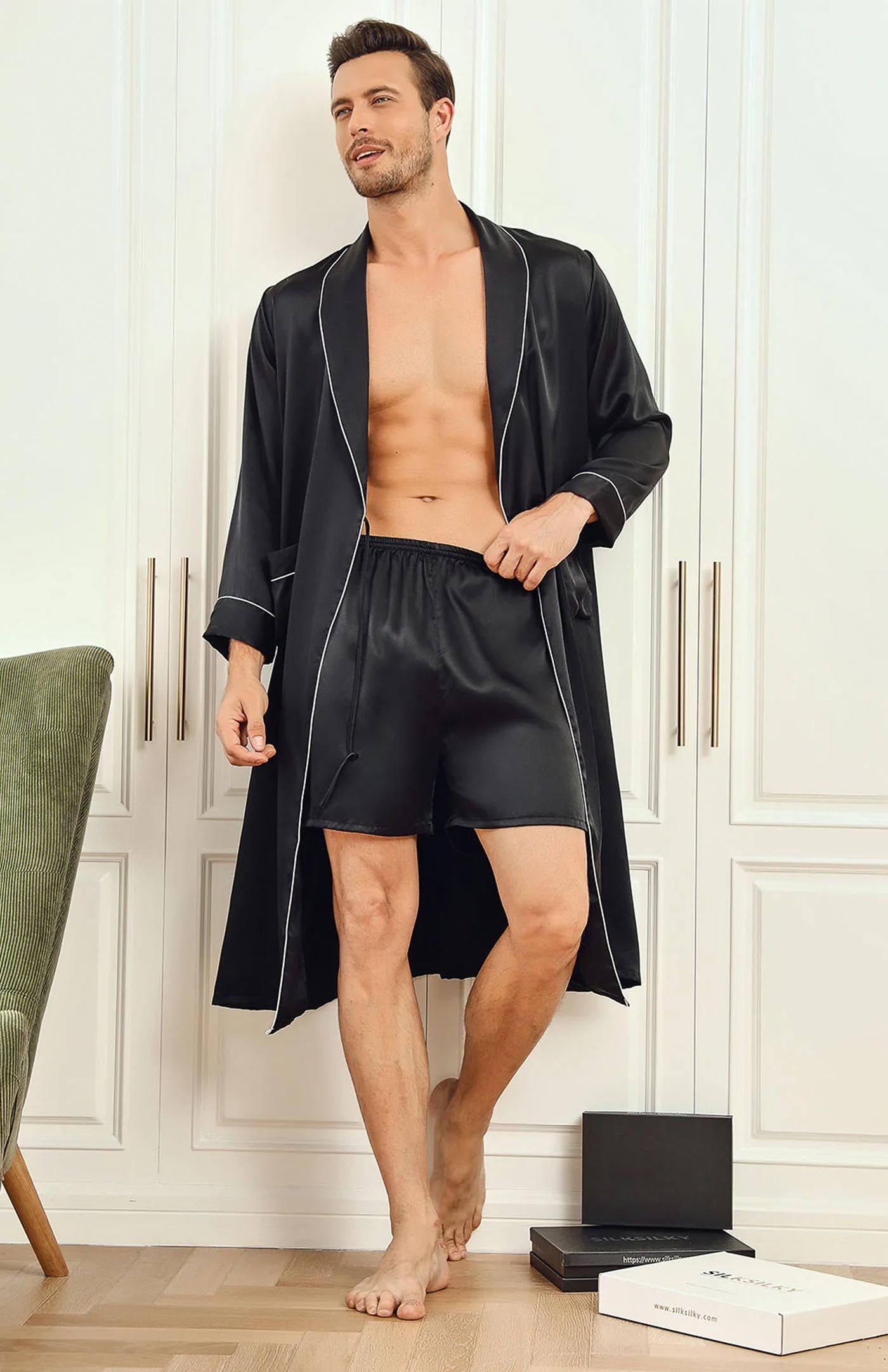 Black Gentleman’s Luxe Set | Satin Boxer and Robe Duo