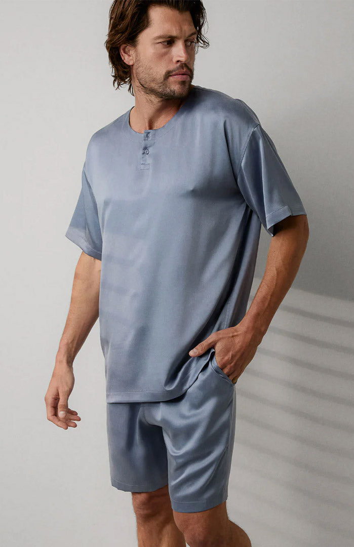 Azure Drift | Sky Blue Satin Loungewear Shorts Set
