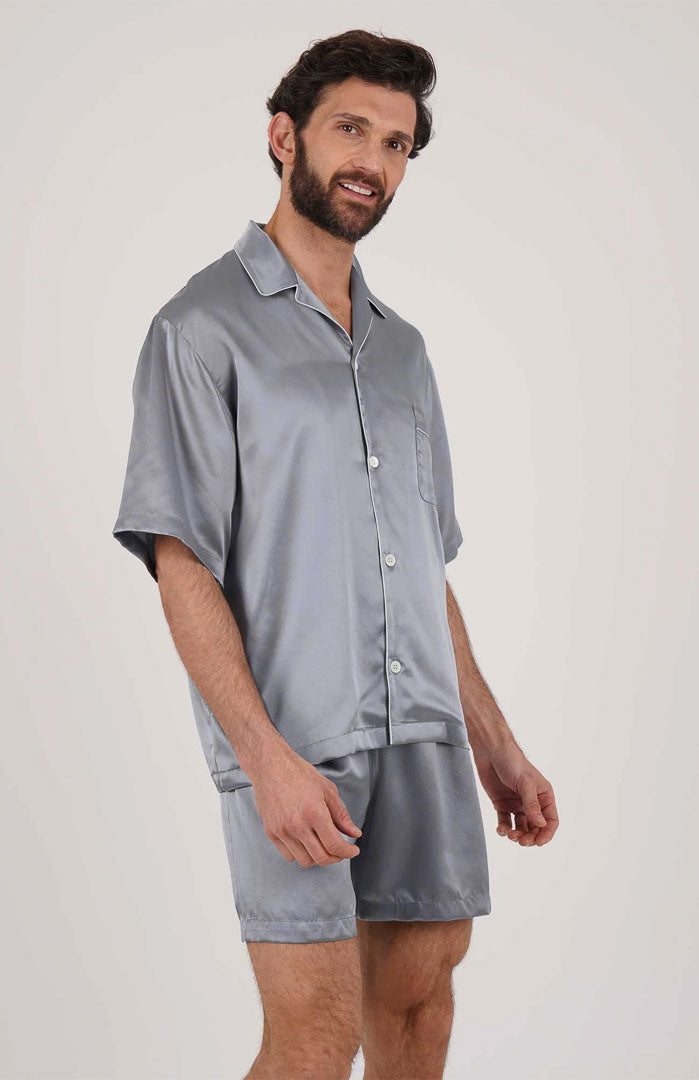 Silver Sultan Silky Satin Luxury Co-ord Set | Short Sleeve Shirt & Shorts