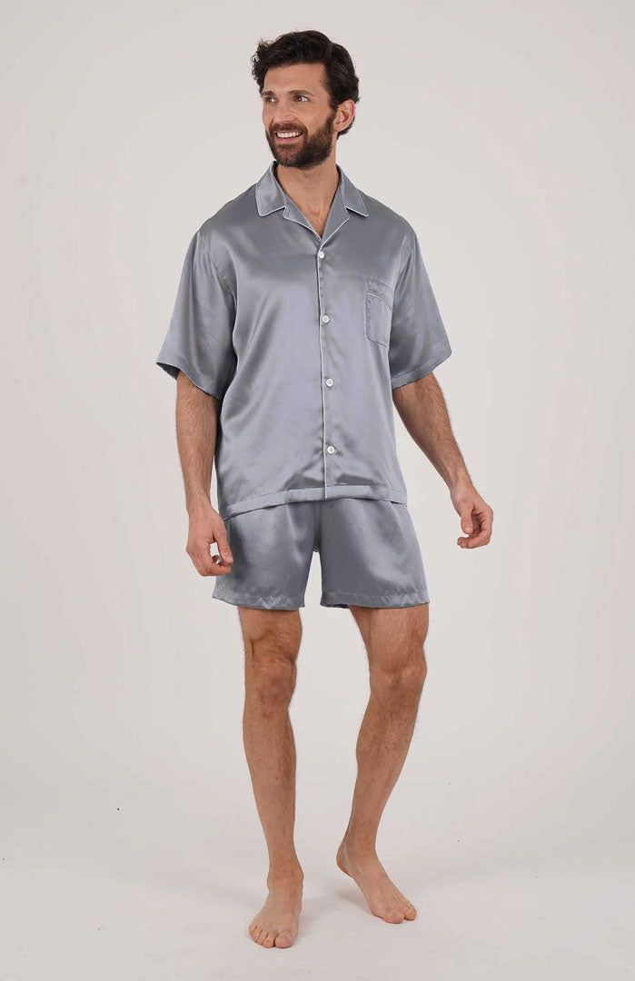 Silver Sultan Silky Satin Luxury Co-ord Set | Short Sleeve Shirt & Shorts