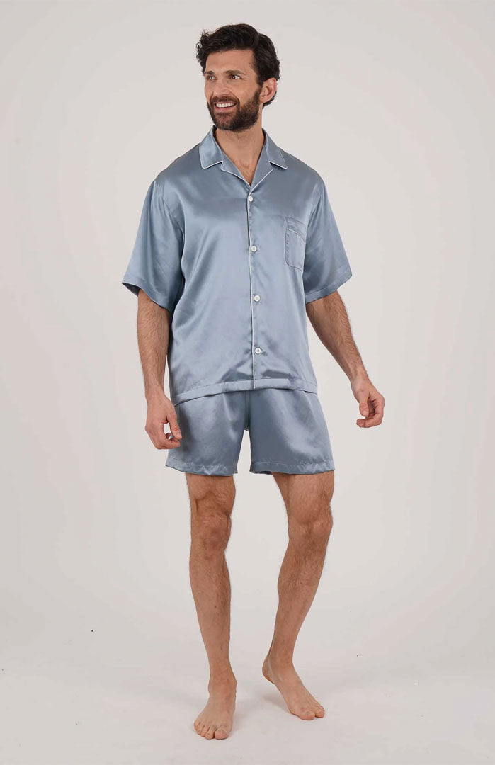 Heirloom Blue Silky Satin Luxury Co-ord Set | Short Sleeve Shirt & Shorts