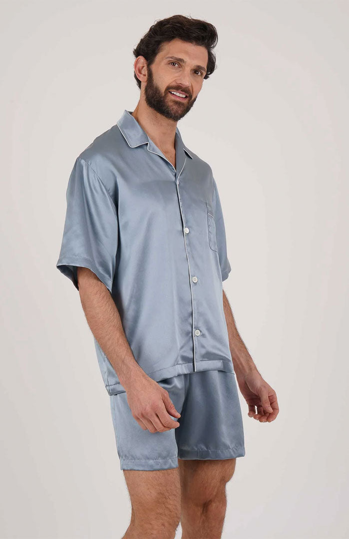 Heirloom Blue Silky Satin Luxury Co-ord Set | Short Sleeve Shirt & Shorts