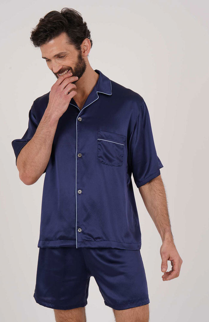 Cobalt Empire Silky Satin Luxury Co-ord Set | Short Sleeve Shirt & Shorts