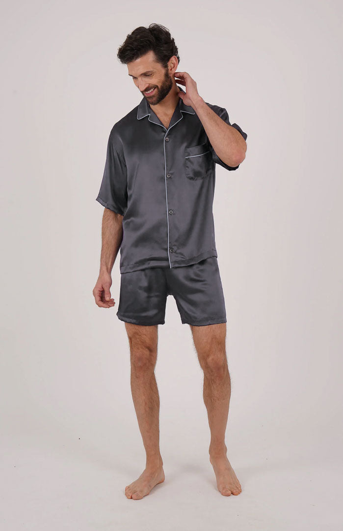 Charcoal Crown Silky Satin Luxury Co-ord Set | Short Sleeve Shirt & Shorts
