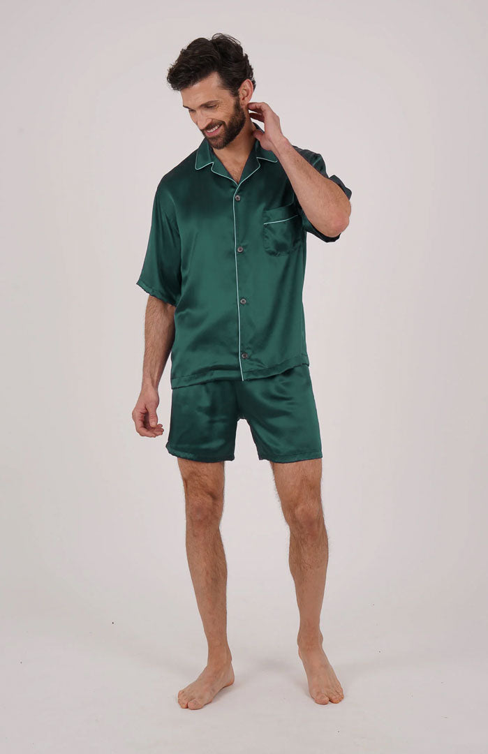 Emerald King Silky Satin Luxury Co-ord Set | Short Sleeve Shirt & Shorts