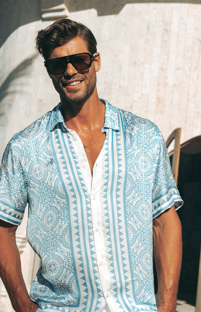 Azure Majolica | Men’s Luxe Printed Satin Resort Shirt