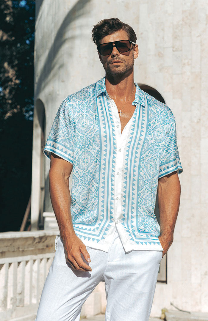 Azure Majolica | Men’s Luxe Printed Satin Resort Shirt