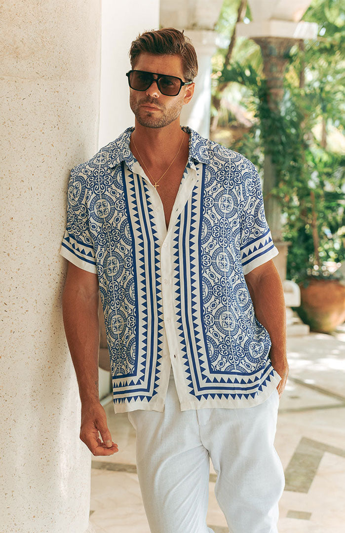 Blue Majolica | Men’s Luxe Printed Satin Resort Shirt